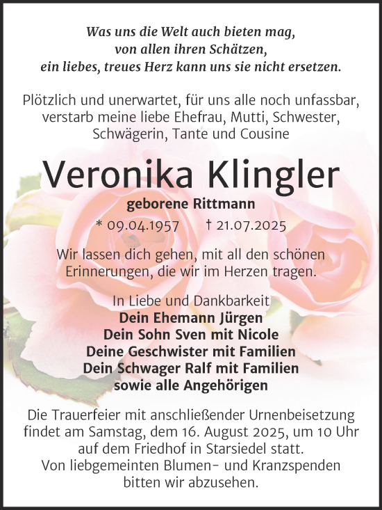 Traueranzeige von Veronika Klingler von Trauerkombi Weißenfels