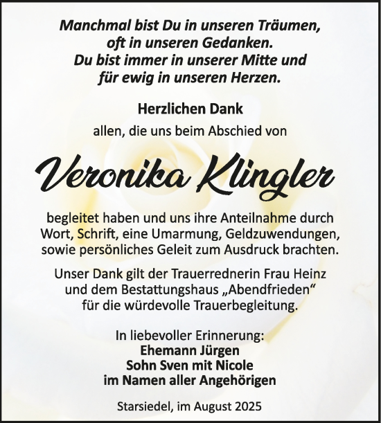 Traueranzeige von Veronika Klingler von Trauerkombi Weißenfels
