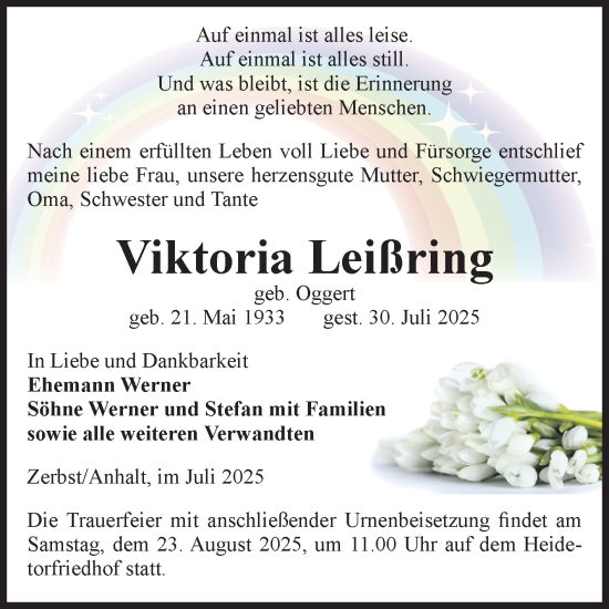 Traueranzeige von Viktoria Leißring von Volksstimme Zerbst