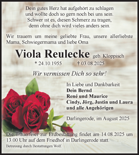 Traueranzeige von Viola Reulecke von Volksstimme Wernigerode