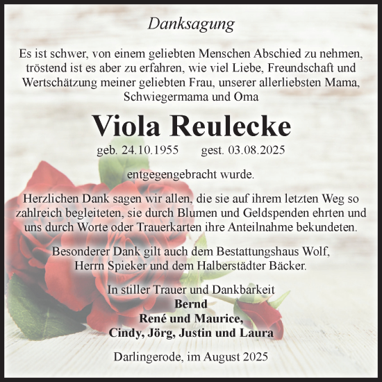 Traueranzeige von Viola Reulecke von Volksstimme Wernigerode