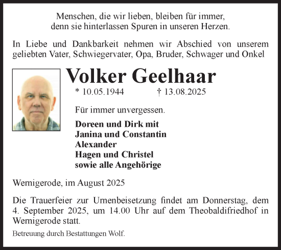 Traueranzeige von Volker Geelhaar von Volksstimme Wernigerode