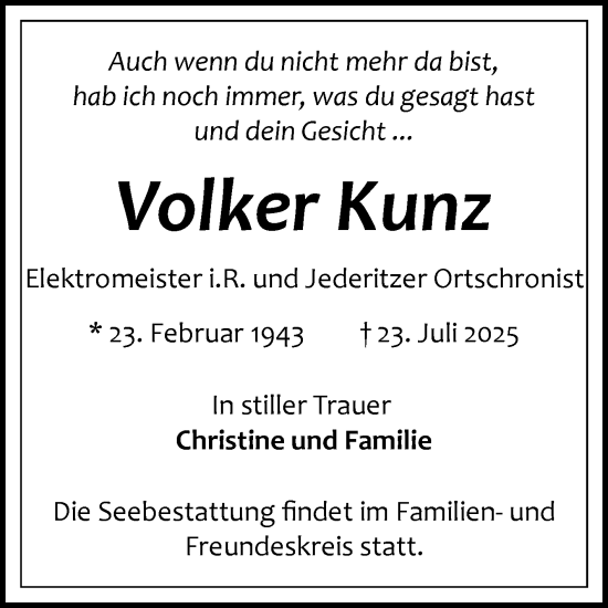 Traueranzeige von Volker Kunz von Volksstimme Altmark Ost