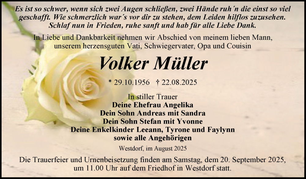  Traueranzeige für Volker Müller vom 30.08.2025 aus Trauerkombi Aschersleben