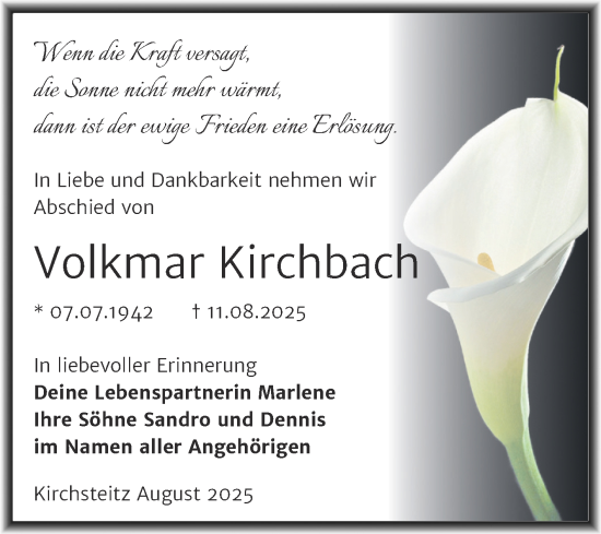 Traueranzeige von Volkmar Kirchbach von Trauerkombi Zeitz