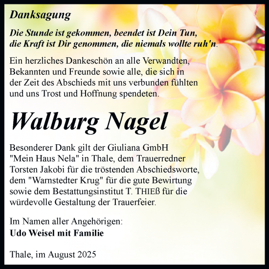 Traueranzeige von Walburg Nagel von Trauerkombi Quedlinburg