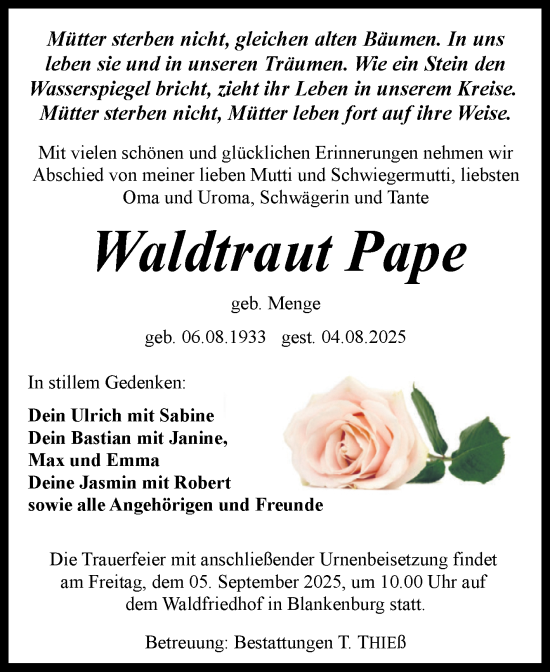Traueranzeige von Waldtraut Pape von Volksstimme Wernigerode