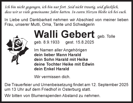 Traueranzeige von Walli Gebert von Volksstimme Altmark Ost