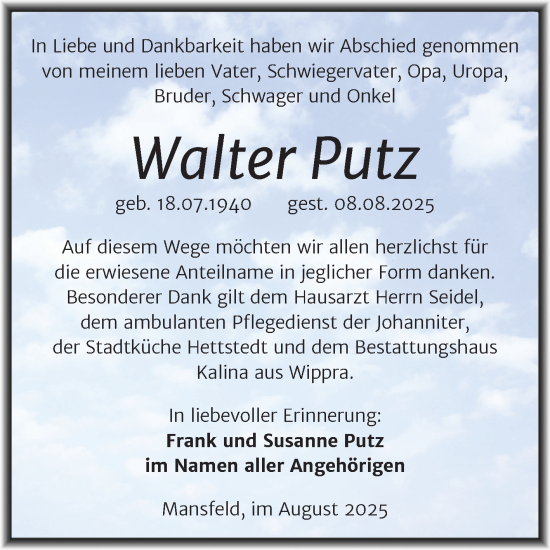 Traueranzeige von Walter Putz von Trauerkombi Mansfelder Land