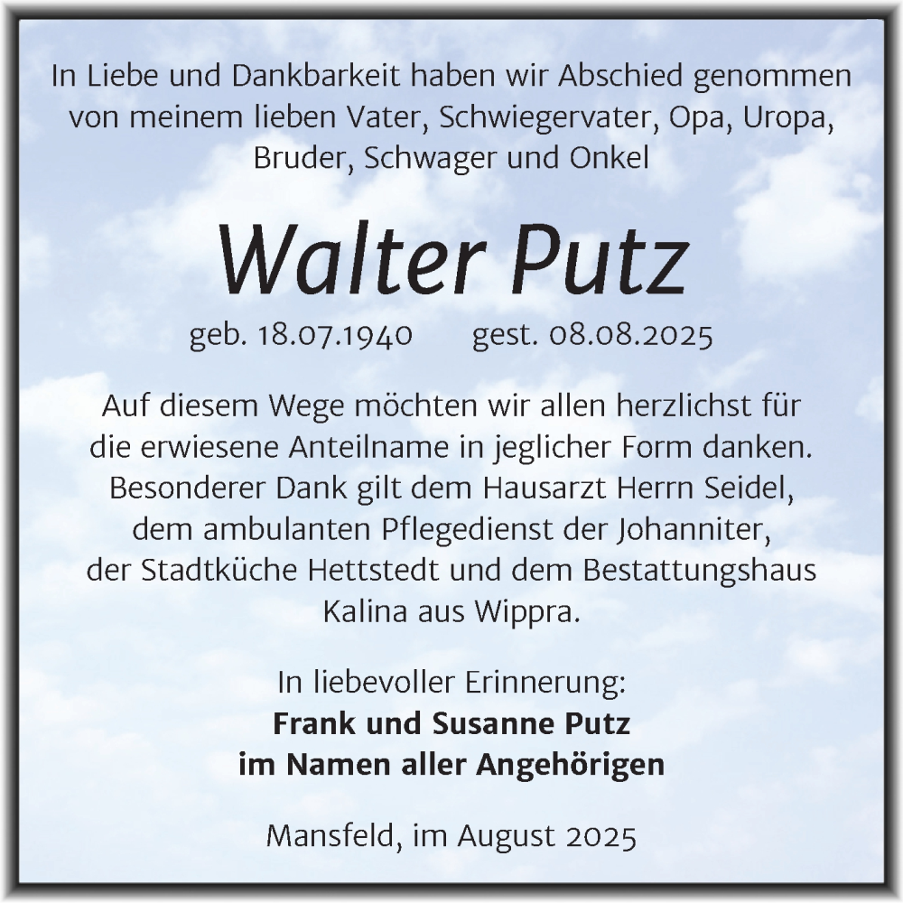  Traueranzeige für Walter Putz vom 16.08.2025 aus Trauerkombi Mansfelder Land