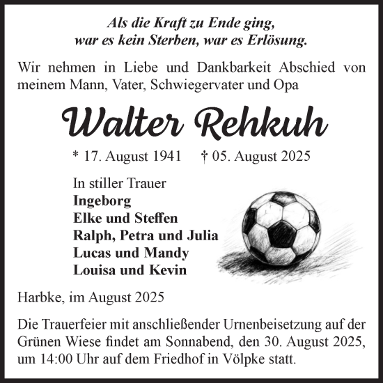Traueranzeige von Walter Rehkuh von Volksstimme Oschersleben/Wanzleben