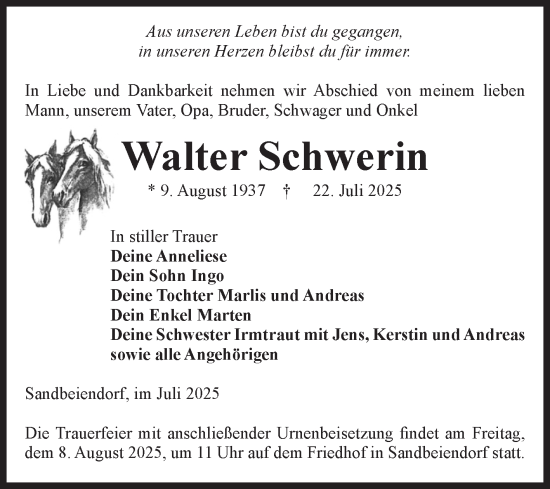 Traueranzeige von Walter Schwerin von Volksstimme Haldensleben/Wolmirstedt