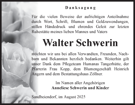 Traueranzeige von Walter Schwerin von Volksstimme Haldensleben/Wolmirstedt