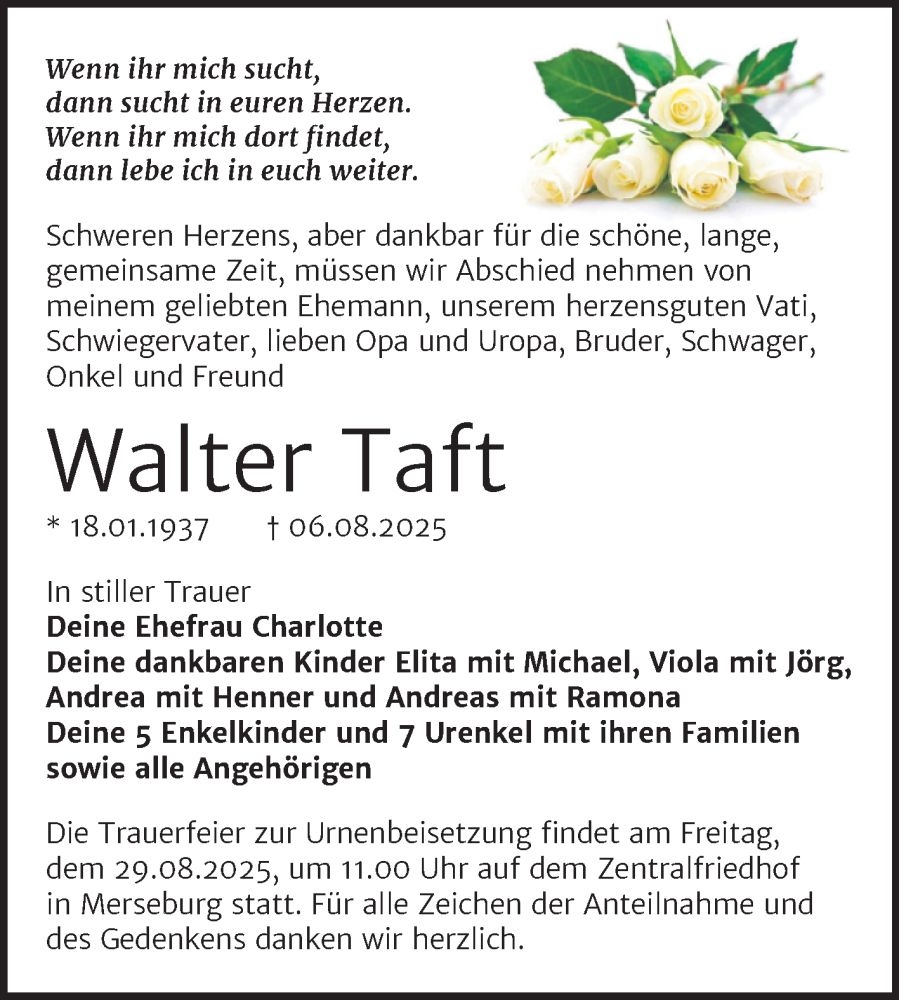  Traueranzeige für Walter Taft vom 16.08.2025 aus Trauerkombi Merseburg