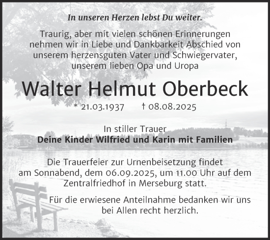 Traueranzeige von Walter Helmut Oberbeck von Trauerkombi Merseburg