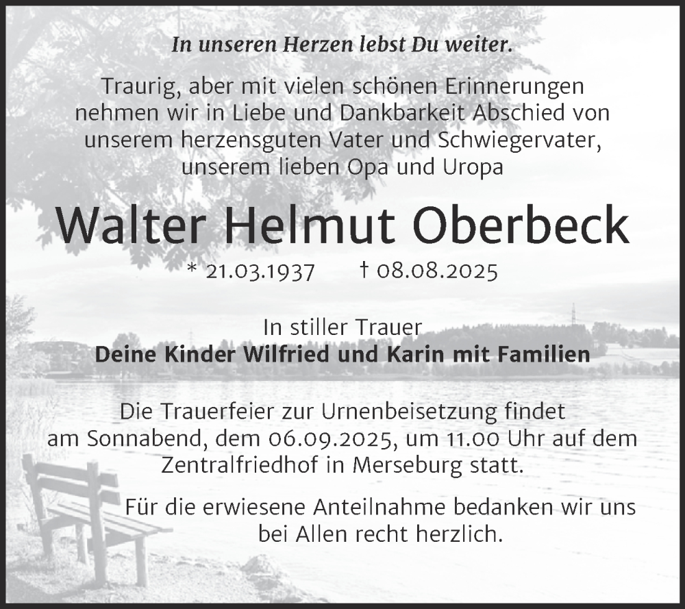  Traueranzeige für Walter Helmut Oberbeck vom 23.08.2025 aus Trauerkombi Merseburg