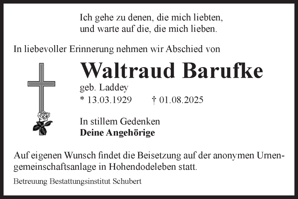  Traueranzeige für Waltraud Barufke vom 16.08.2025 aus Volksstimme Oschersleben/Wanzleben
