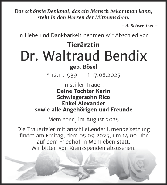 Traueranzeige von Waltraud Bendix von Naumburger Tageblatt