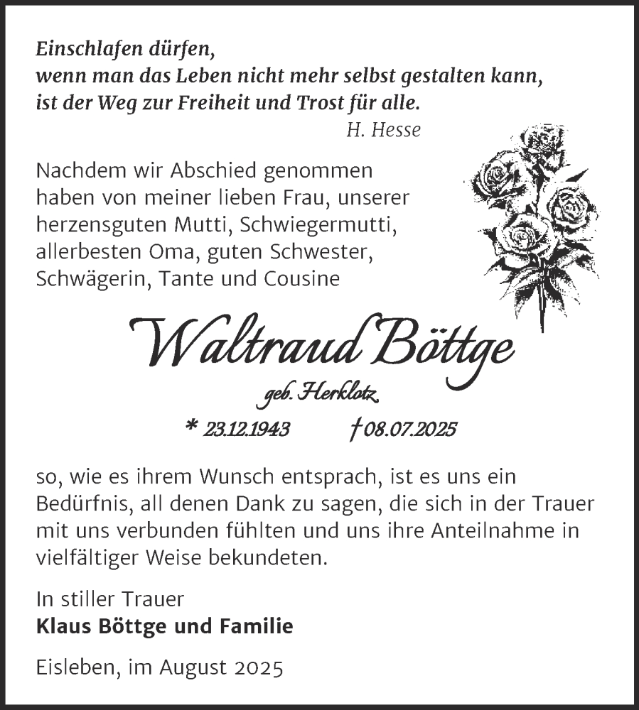  Traueranzeige für Waltraud Böttge vom 02.08.2025 aus Trauerkombi Mansfelder Land
