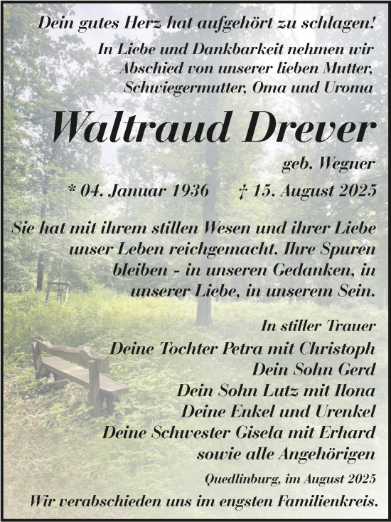 Traueranzeige von Waltraud Drever von Trauerkombi Quedlinburg