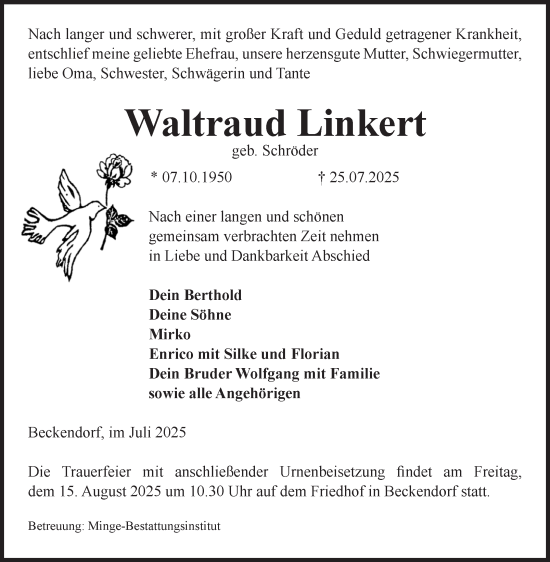 Traueranzeige von Waltraud Linkert von Volksstimme Oschersleben/Wanzleben