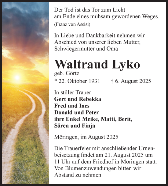 Traueranzeige von Waltraud Lyko von Volksstimme Altmark Ost