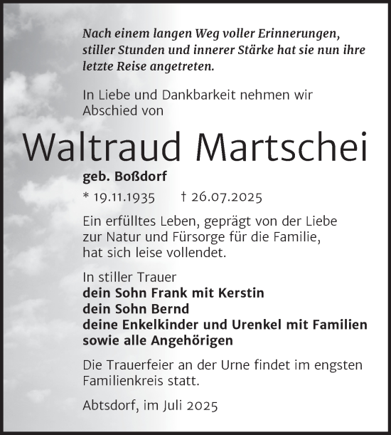 Traueranzeige von Waltraud Martschei von Trauerkombi Wittenberg