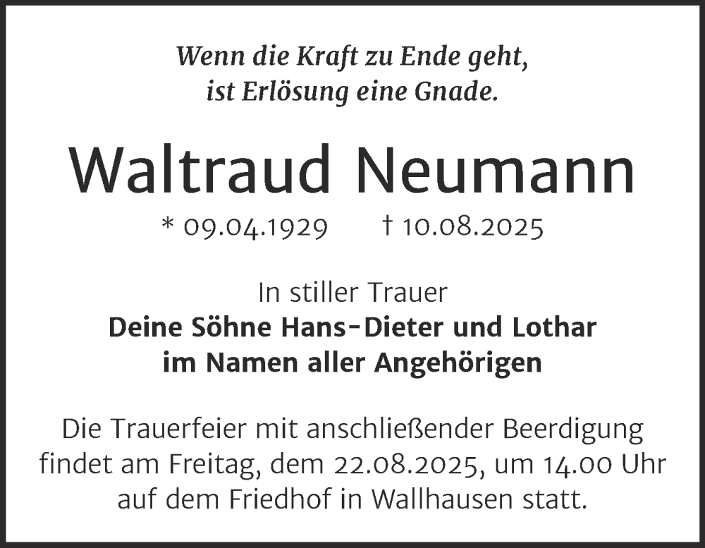  Traueranzeige für Waltraud Neumann vom 16.08.2025 aus Trauerkombi Sangerhausen