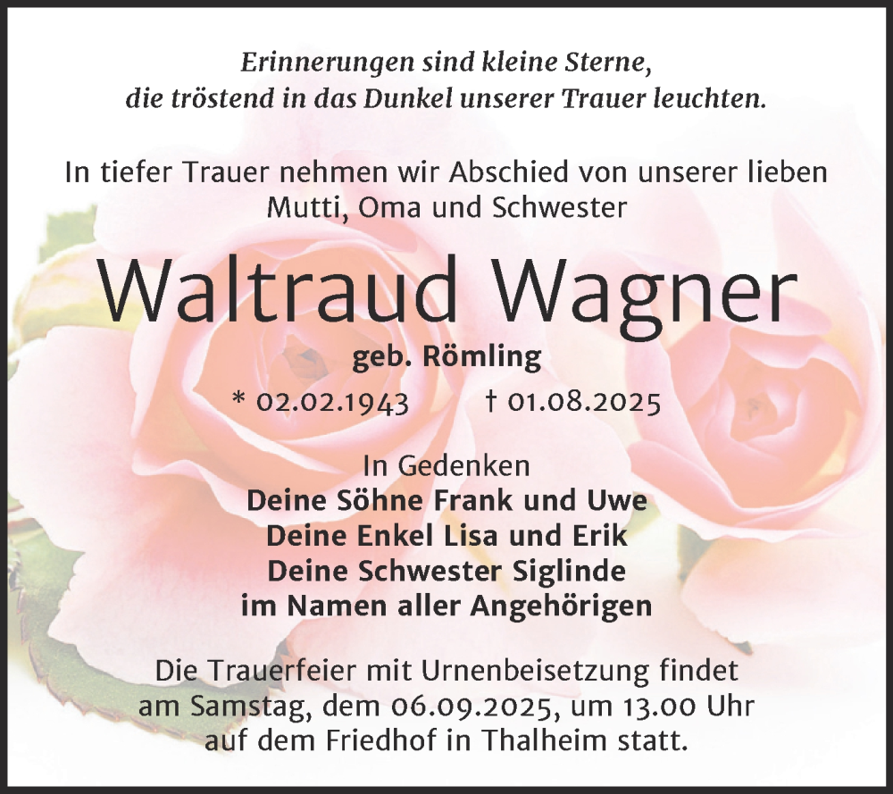 Traueranzeige für Waltraud Wagner vom 16.08.2025 aus Trauerkombi Bitterfeld