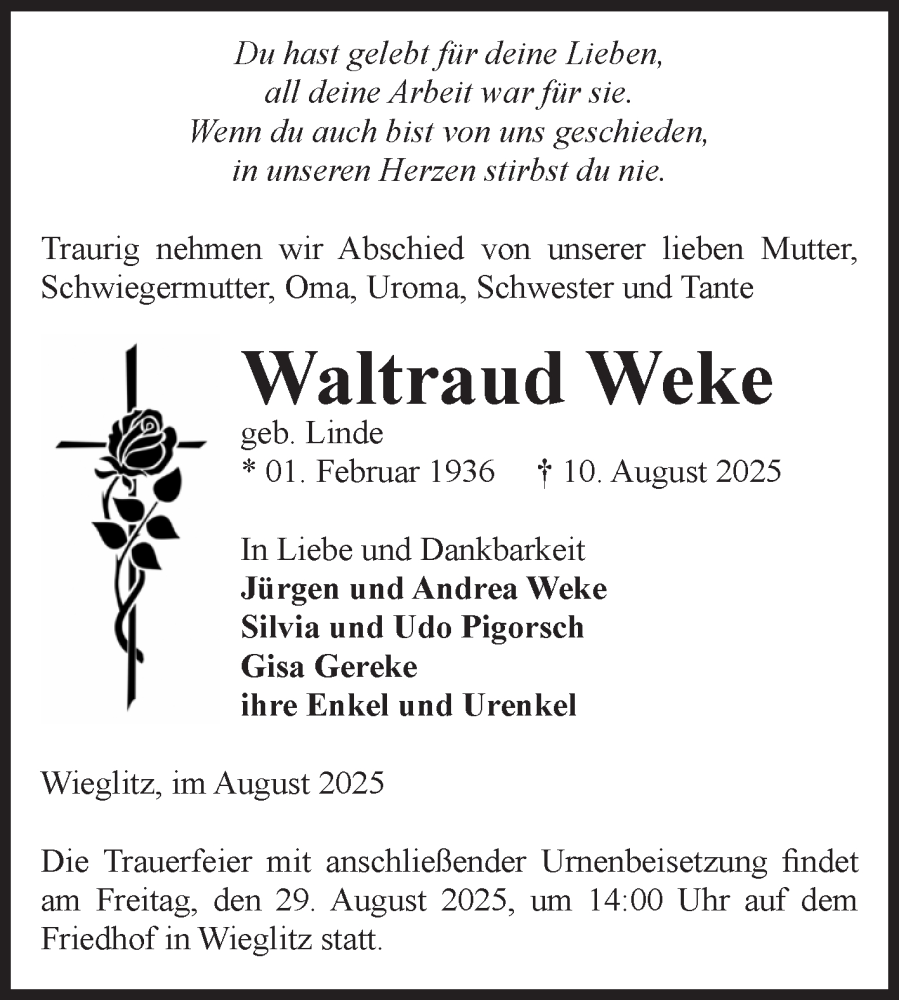  Traueranzeige für Waltraud Weke vom 16.08.2025 aus Volksstimme Haldensleben/Wolmirstedt