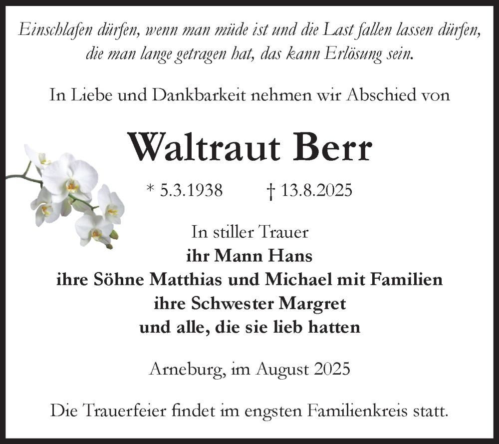  Traueranzeige für Waltraut Berr vom 16.08.2025 aus Volksstimme Altmark Ost