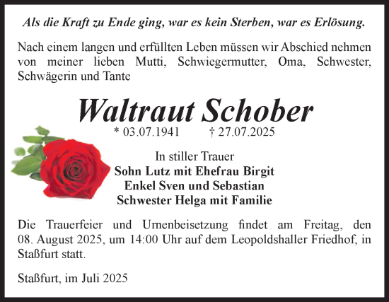 Traueranzeige von Waltraut Schober von Volksstimme Staßfurt