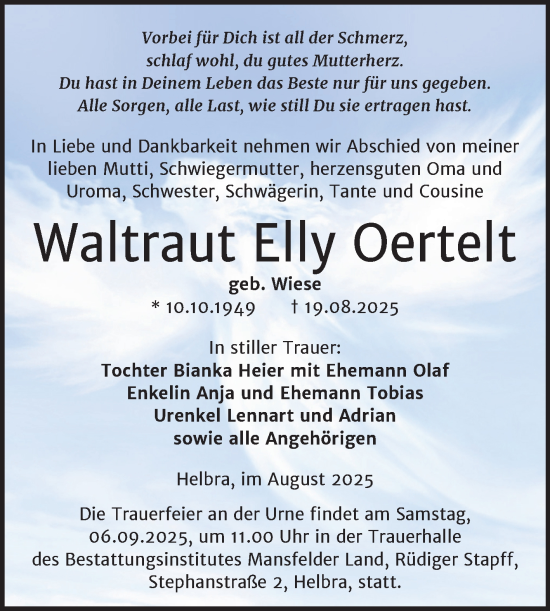 Traueranzeige von Waltraut Elly Oertelt von Trauerkombi Mansfelder Land