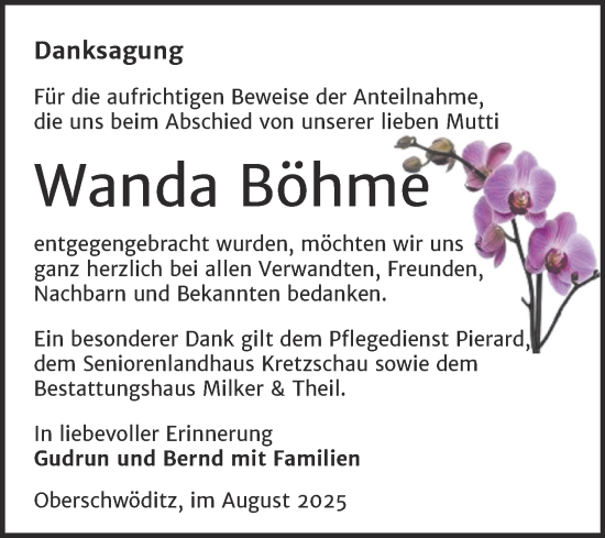Traueranzeige von Wanda Böhme von Trauerkombi Weißenfels