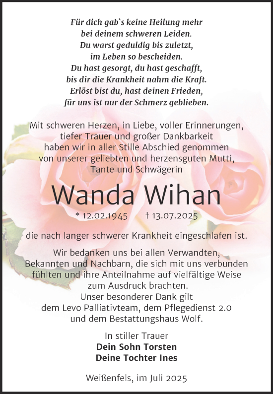 Traueranzeige von Wanda Wihan von Trauerkombi Weißenfels