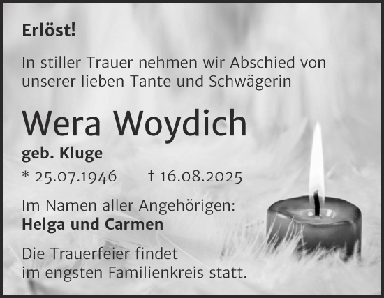 Traueranzeige von Wera Woydich von Trauerkombi Aschersleben