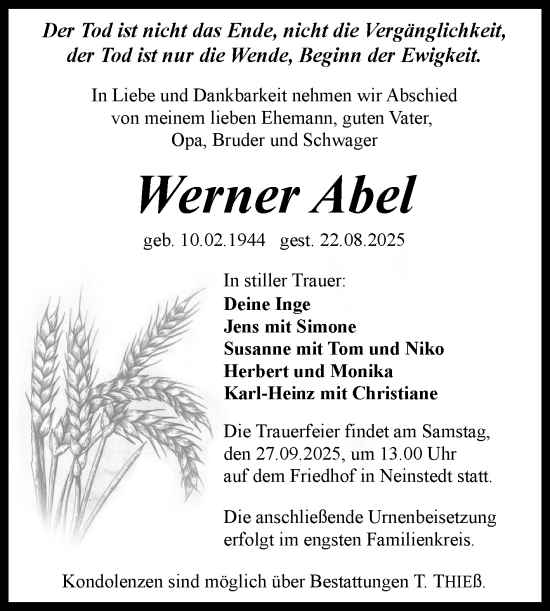 Traueranzeige von Werner Abel von Trauerkombi Quedlinburg