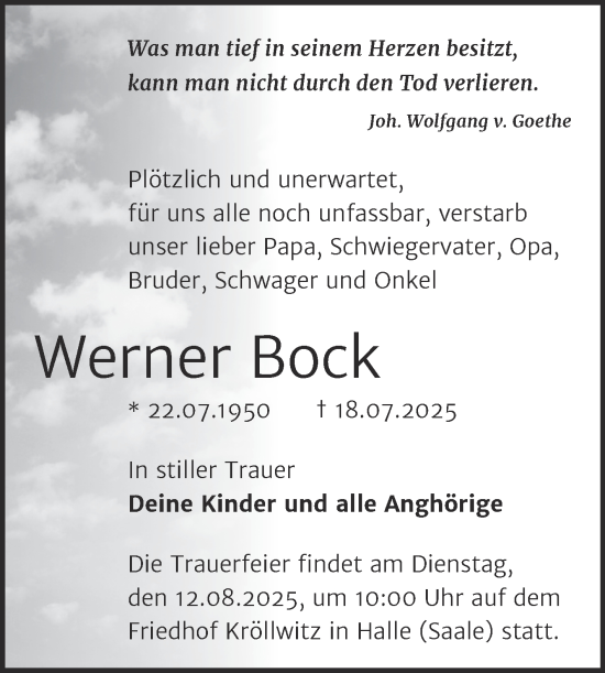 Traueranzeige von Werner Bock von Mitteldeutsche Zeitung Halle/Saalkreis
