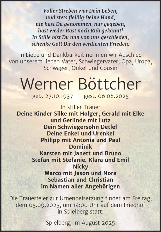 Traueranzeige von Werner Böttcher von Trauerkombi Merseburg