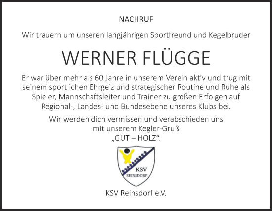 Traueranzeige von Werner Flügge von Super Sonntag Wittenberg