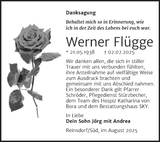 Traueranzeige von Werner Flügge von Trauerkombi Wittenberg