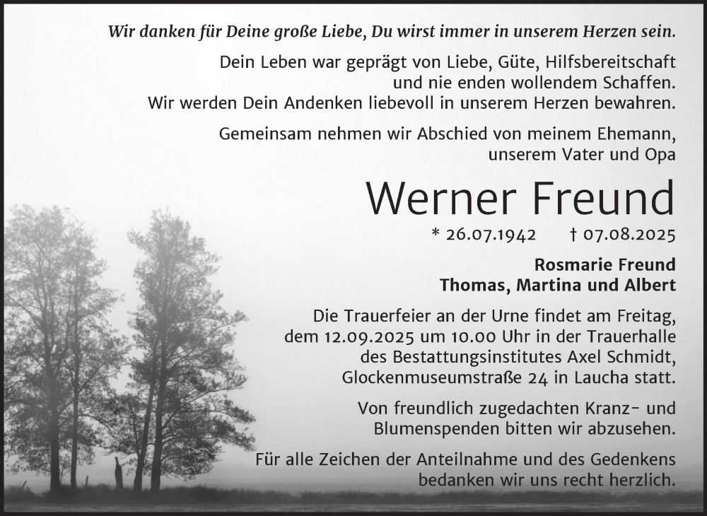  Traueranzeige für Werner Freund vom 16.08.2025 aus Naumburger Tageblatt