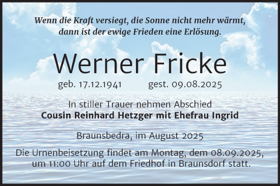 Traueranzeige von Werner Fricke von Trauerkombi Merseburg