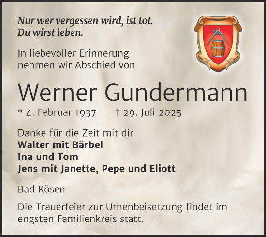 Traueranzeige von Werner Gundermann von Super Sonntag Naumburg/Nebra