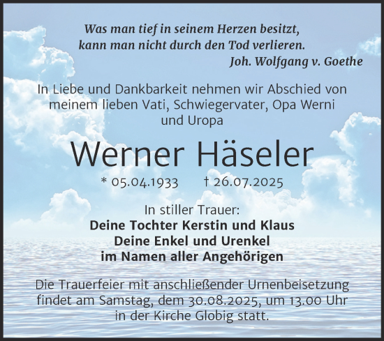 Traueranzeige von Werner Häseler von Trauerkombi Wittenberg