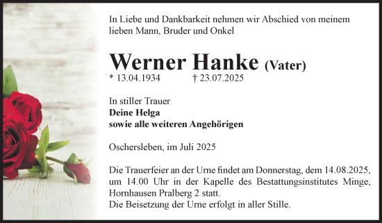 Traueranzeige von Werner Hanke von Volksstimme Oschersleben/Wanzleben
