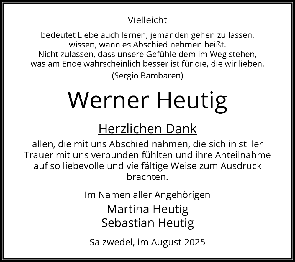  Traueranzeige für Werner Heutig vom 30.08.2025 aus Volksstimme Altmark West