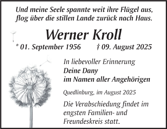 Traueranzeige von Werner Kroll von Trauerkombi Quedlinburg