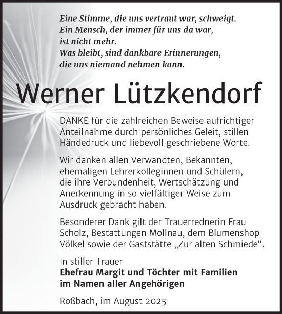 Traueranzeige von Werner Lützkendorf von Super Sonntag Naumburg/Nebra