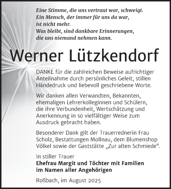 Traueranzeige von Werner Lützkendorf von Trauerkombi Merseburg